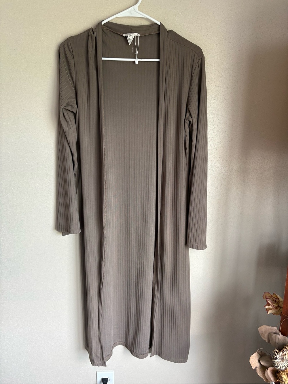 Capelli of New York Ribbed Open-Front Duster Cardigan - Taupe